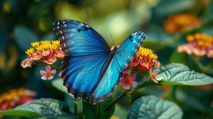 Majestic blue butterfly alights on a delicate flower, its iridescent wings shimmering in sunlight.  - obrazy, fototapety, plakaty