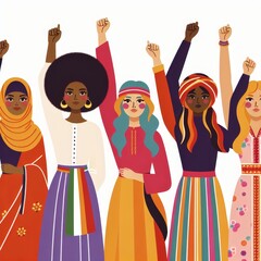  A diverse group of women from different cultures and backgrounds, raising their hands in solidarity.

