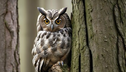 A Camouflage Owl Blending Into The Bark Of A Tree - obrazy, fototapety, plakaty