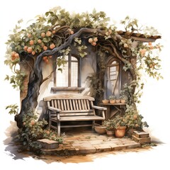 Fototapeta na wymiar Beautiful warm and cozy garden corner watercolor clipart illustration