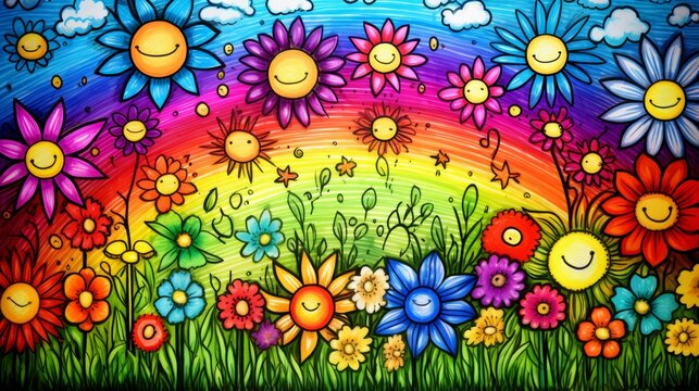 Hand drawn doodle with sun, rainbow, and floral elements for vibrant summer wallpaper