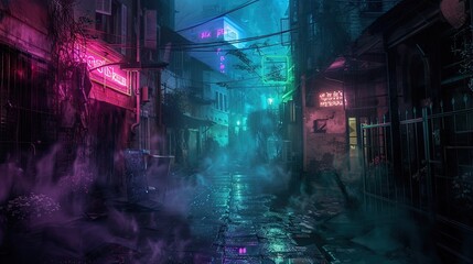 Dark neon-lit street. Generative AI