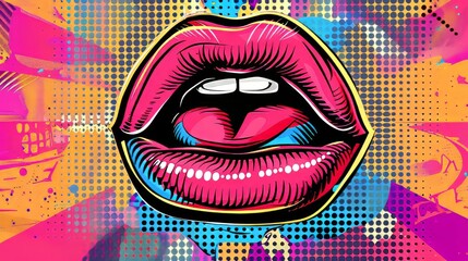 Pink, red lips, mouth and tongue icon on pop art retro vintage colorful background. Trendy and fashion color illustration easy editable for Your design of poster and banner