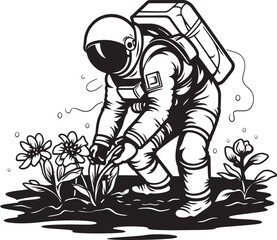 Astronautic Nursery Plant Watering Logo Celestial Gardening Vector Plant Care Icon