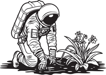 Stellar Garden Guardian Astronaut Watering Emblem Galactic Plant Care Vector Logo Icon