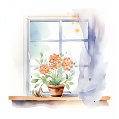 Cute plant in front of a window scene in watercolor illustration