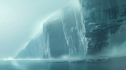 A surreal dreamscape where marble cliffs rise from a sea of mist, their smooth surfaces glowing in...