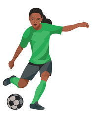 Dark-skinned teenage girl in a green sports uniform playing women's football and going to kick the ball with her foot