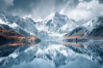 a lake with mountains and clouds in the sky - obrazy, fototapety, plakaty