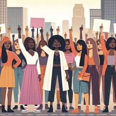  A diverse group of women from different cultures and backgrounds, raising their hands in solidarity.