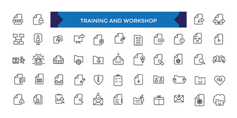 Document and file icons set. Office and Workplace web icons in line style. Employe, conference, project, document.