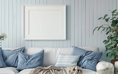 Mockup frame close up in coastal style home interior background, 3d render