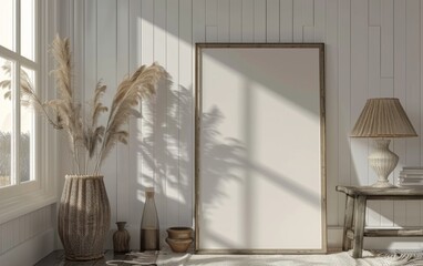 Mockup frame close up in coastal style home interior background, 3d render