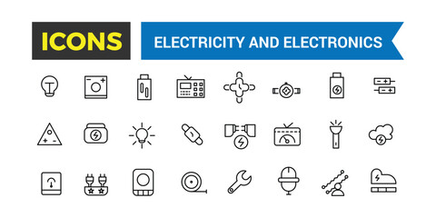 Electricity and Electronics Icon Set, Set Of Home Electrification, Electrical Wire And Cable, Electricity Meter, Junction Box, Switch, Extension Cord, Power Strip Vector Icons, Vector Illustration