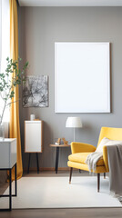 Fototapeta premium Yellow Tone Blank Decorative Painting Frame Mockup Vertical Picture Mobile Poster Display Background