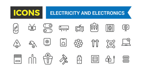 Electricity and Electronics Icon Set, Set Of Home Electrification, Electrical Wire And Cable, Electricity Meter, Junction Box, Switch, Extension Cord, Power Strip Vector Icons, Vector Illustration - obrazy, fototapety, plakaty