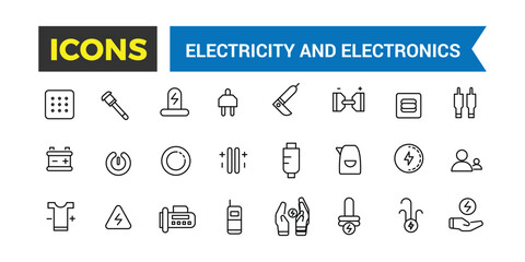 Electricity and Electronics Icon Set, Set Of Home Electrification, Electrical Wire And Cable, Electricity Meter, Junction Box, Switch, Extension Cord, Power Strip Vector Icons, Vector Illustration - obrazy, fototapety, plakaty