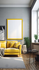 Yellow Tone Blank Decorative Painting Frame Mockup Vertical Picture Mobile Poster Display Background