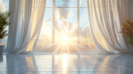 Sunlight shining through closed curtains in a room - obrazy, fototapety, plakaty