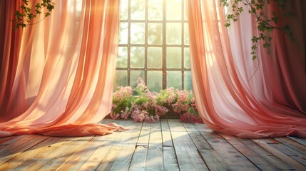 A room featuring a large window adorned with pink curtains