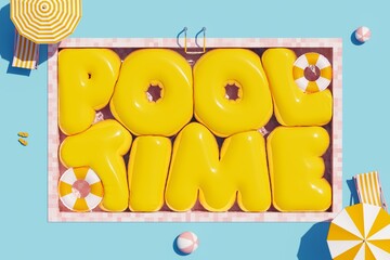 Swimming pool with Pool Time inflatable text, floating on the water. Pool party poster with beach chair, umbrella and ball. Summer vacation concept. 3d illustration, rendering. Aerial view.