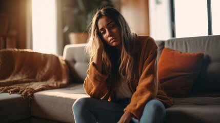Obraz premium A woman sits on a couch in a bright and cozy living room