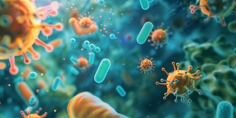 A detailed 3D render of various microbes, including bacteria and viruses, as seen through a microscope The scene captures the intricate structures of these organisms, highlighting their role  - obrazy, fototapety, plakaty