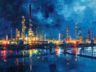 Night Industrial Landscape with Illuminated Oil Refinery, Dramatic Sky and Reflections in Water