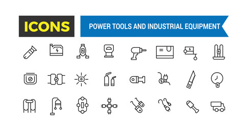 Power Tools And Industrial Equipment Icons Set, Set Of Electric Tools And Instruments, Welding Equipment, Air Compressor Machines Vector Icons, Vector Illustration - obrazy, fototapety, plakaty