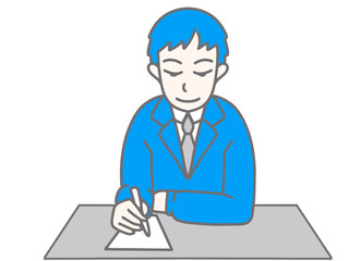 青いスーツを着て書き物をしている男性