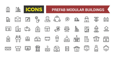 Prefab Modular Buildings Icons Set, Set Of Prefabricated Shipping Container Homes, Modular Construction, Barn House, Office, Garage, Toilet, Shed Vector Icon, Vector Illustration