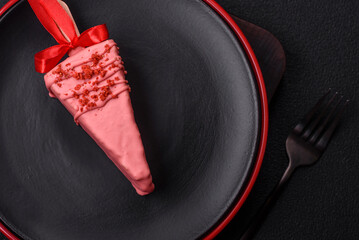 Delicious sweet cheesecake with fruits covered with icing with a wooden stick