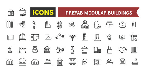 Fototapeta na wymiar Prefab Modular Buildings Icons Set, Set Of Prefabricated Shipping Container Homes, Modular Construction, Barn House, Office, Garage, Toilet, Shed Vector Icon, Vector Illustration