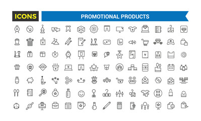 Promotional products icons set. Set of branding cap, t-shirt, cup, planner, calendar, advertising souvenirs, gifts. Thin outline icons pack. Vector illustration.