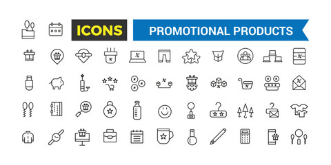 Promotional products icons set. Set of branding cap, t-shirt, cup, planner, calendar, advertising souvenirs, gifts. Thin outline icons pack. Vector illustration. - obrazy, fototapety, plakaty