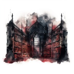 Watercolor painting of a gothic library