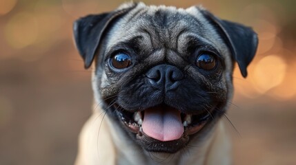 A pug dog with its tongue sticking out in a playful manner - obrazy, fototapety, plakaty