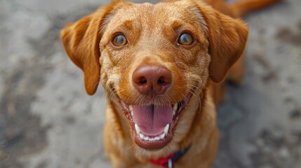 A close up of a dog with its mouth open showing teeth and tongue