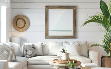 Mockup frame close up in coastal style home interior background, 3d render