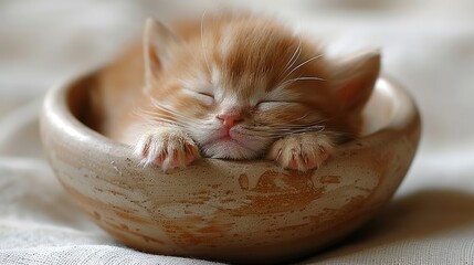 A small kitten peacefully napping inside a bowl - Powered by Adobe
