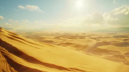 Zelfklevend Fotobehang Desert landscape with sand dunes, sultry sun. Extreme adventure concept. Generative AI © AngrySun