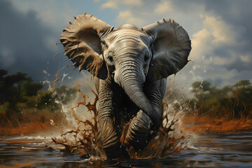 A grey baby elephant with a playful trunk, spraying water on a grey savanna.