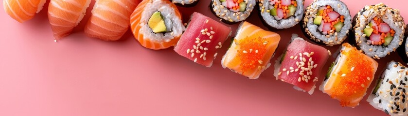 Obraz premium A row of sushi rolls with a pink background