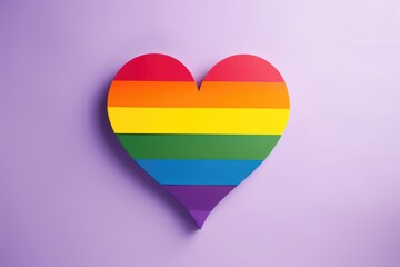 A colorful heart in the hues of the rainbow stands prominently against a gradient purple background, signifying LGBTQ+ pride and inclusivity.