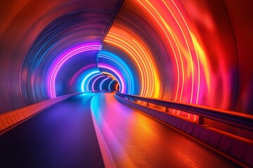 Colorful lights line a tunnel creating a dynamic and futuristic atmosphere.