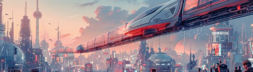 A futuristic cityscape with a large spaceship flying over it - obrazy, fototapety, plakaty
