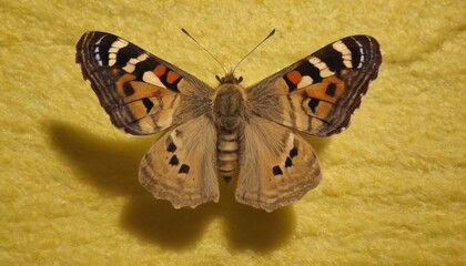 Detailed view of a Painted Lady butterfly, with intricate wing patterns, perched serenely on a...