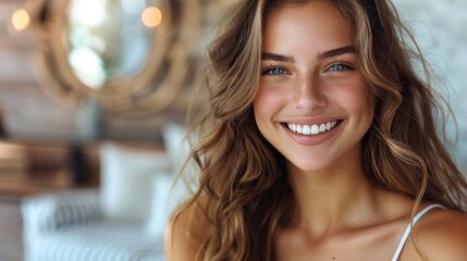 A woman with long hair smiling at the camera - obrazy, fototapety, plakaty