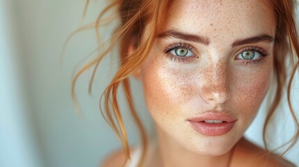 Detailed view of a womans face with visible freckles in her hair - obrazy, fototapety, plakaty