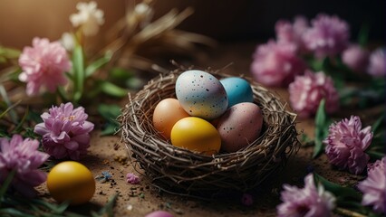 Fototapeta na wymiar Easter Delight Nest with Colorful Easter Eggs Surrounded by Blooming Spring Flowers, Providing a Flat Lay Background with Space for Your Message